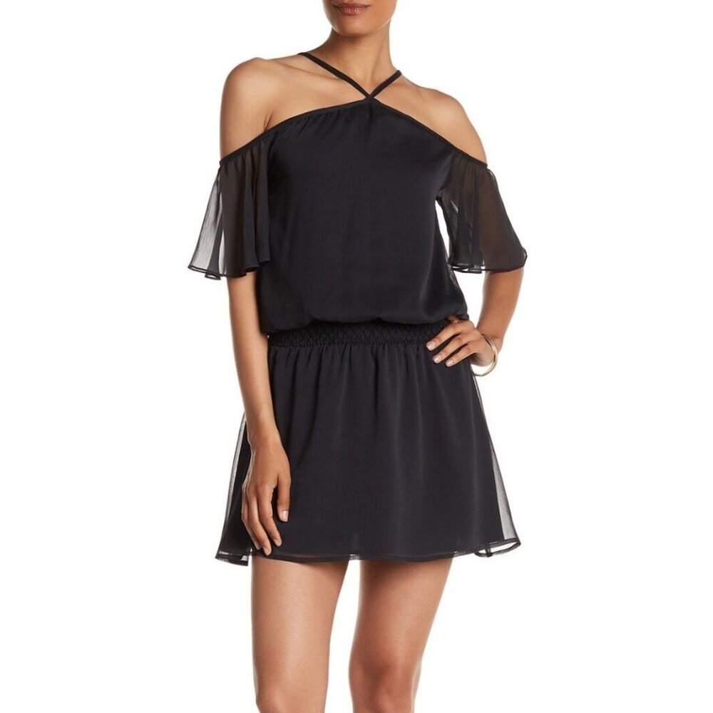 Marchesa Rose Black Halter Cold Shoulder Bell Sleeve Mini Dress Size XS